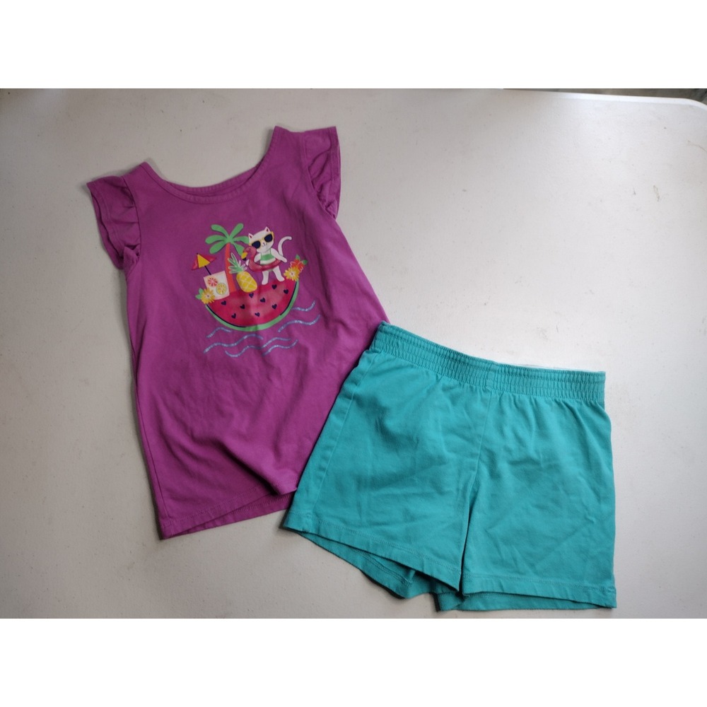 Wonder Nation 365Kids‎ Girls Purple Cat Watermelon Shirt Teal Shorts Set Size 6